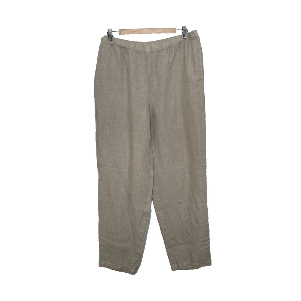 Kleen Size XL Linen Straight Leg Pants Brown Pockets Lagenlook Pull On Elastic